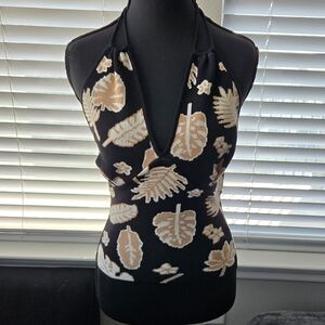 NWOT•Black and Tan Leaf Print Halter Top